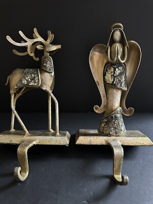 2 Christmas Stocking Holders Angel Reindeer Pier 1 Imports Gold Tone Metal-image