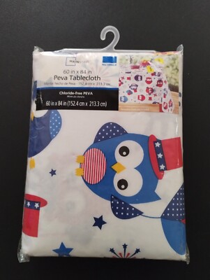 Patriotic Owl Tablecloth 60 x 84 Wipe Clean PEVA Red White Blue Bird Decor NIP-image
