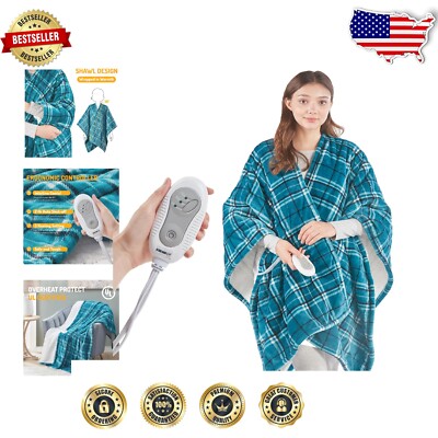 50x64 Blue Plaid Heated Sherpa Shawl - Therapeutic Comfort for Moms & Grandmas-image