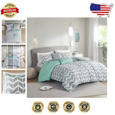 Modern Twin Aqua Chevron Comforter Set with Matching Shams & Decorative Pillows-image