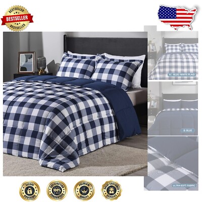 Elegant King-Sized Plaid Comforter Set with 2 Matching Pillow Shams - All Season-image