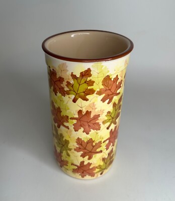 NICE Pier 1 Imports Fall Green Brown Leaf Design Vase Ceramic Round Cylinder-image