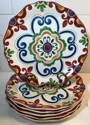 (6) Pier 1 Imports “Global Medallion” 9” Salad Plates, Red Blue Boho Ironstone-image