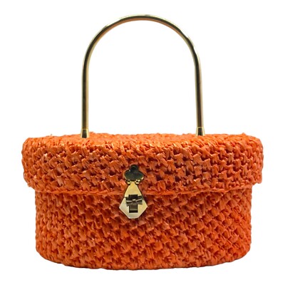 Vintage 50s 60s LEWIS IMPORTS Woven Rush Handbag Basket Box Bag Purse ORANGE NOS-image