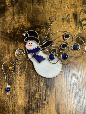 Vintage Snowman Hanging Sun Catcher Stained Glass Metal *MISSING WIND CHIMES-image