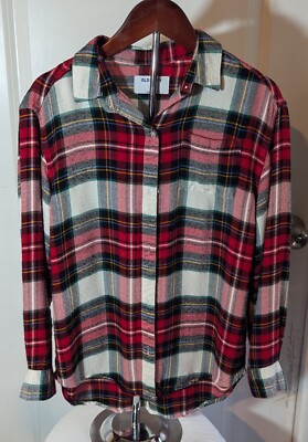 GIRL'S OLD NAVY RAYON FLANNEL SHIRT RED WHITE BLACK GREEN PLAID PERFECT  Size L-image