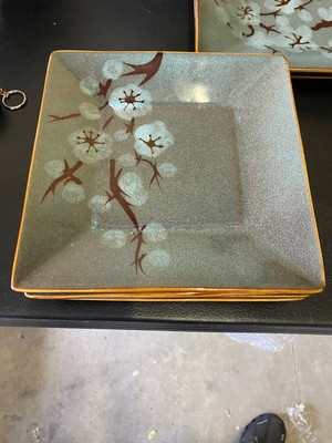 Set of 4 Pier 1 Tranquil Square Salad Plates Cherry Blossoms Stoneware 8 3/8