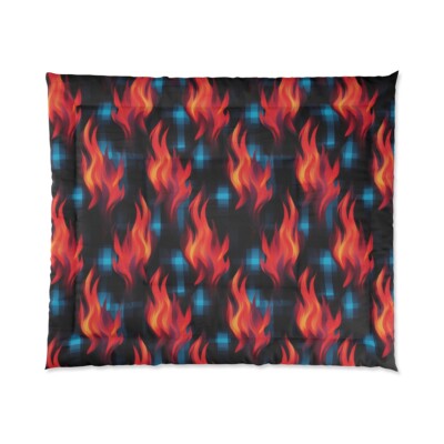 King Size Comforter Colorful Plaid With Flames Festive Biker Home Decor Modern-image