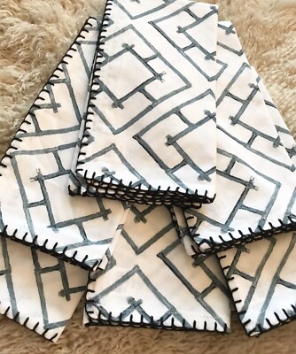 PIER 1 IMPORTS SET OF 6 BAMBOO STITCHED WHITE/BLUE 100% COTTON CLOTH NAPKINS-image