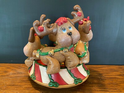 Vintage Ceramic Merry Go Round Reindeer Hand Painted Wind Up Christmas Musical-image