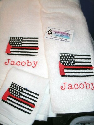 Fireman Red Thin Line Flag Firefighter Ax  Personalized 3 Piece Bath Towel Set-image