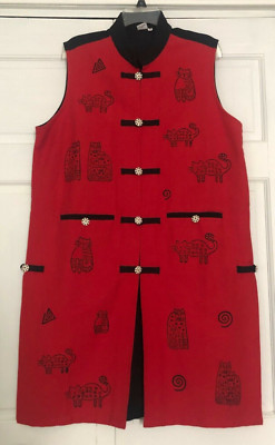 VENUS IMPORTS Vest Size Medium Cat Design Knee Length Red/Black Woven Sleeveless-image