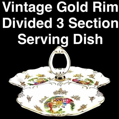 •🍽Vintage LOVELY Golden Star Imports Gold Rim 3 Section Divided Dish and Handle-image