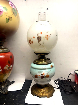 Antique GWTW Oil Lamp Light Glass Globe FALL  Flowers Electric-image