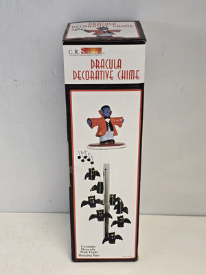 New Halloween Ceramic Wind Chime Dracula With 8 Hanging Bats Vintage 90's NOS-image