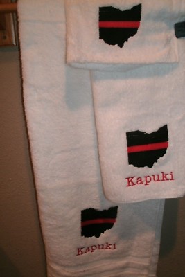 Fireman Red Thin Line Ohio State Firefighter Personalized 3 Piece Bath Towel Set-image