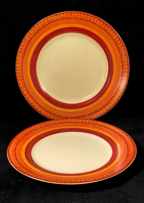 Set of 2 Pier 1 LUGANO Dinner Plates Stoneware Orange Band 10 5/8