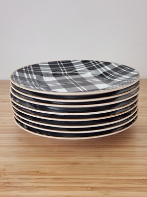 Set Of 8 PIER 1 Import Black & White Plaid Porcelain Salad Plates-image
