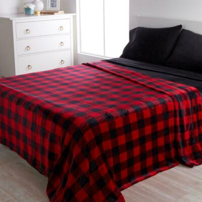 Warm Cozy Plush Blanket and Plush Sheet Set Buffalo Check, King-image