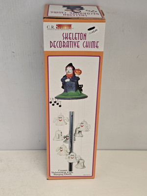 New Halloween Ceramic Wind Chime Skeleton With 8 Hanging Ghosts Vintage 90's NOS-image
