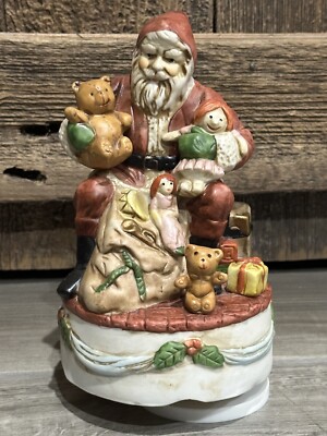 Vintage White Christmas Porcelain Music Box Santa Claus Rotating Toyland-image