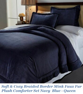 Soft & Cozy Braided Border Mink Faux Fur Plush Comforter Set Navy  Blue - Queen-image