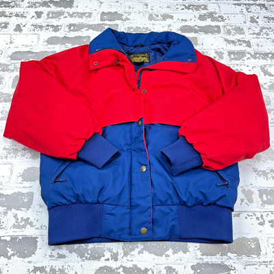 Vintage Eddie Bauer Puffer Jacket Men Small Red Blue Coat Down Fill 90s Bomber *-image