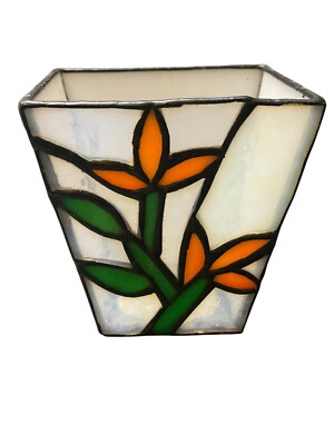 Vintage Pier One Imports Tiffany Style Stained Glass Flowers 4” Candle Holder-image