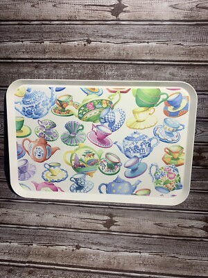 Design Imports Ltd Teatime Melamine Colorful Serving Tray 18x12 Teapots Teacups-image