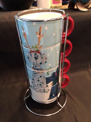 Pier 1 Set of 4 Stackable Coffee Mugs Cups & Rack Christmas Dogs Design EUC-image