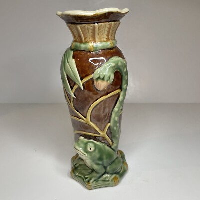 Vintage Majolica Frog Vase Henriksen Imports Collectible Vase Brown Green 8