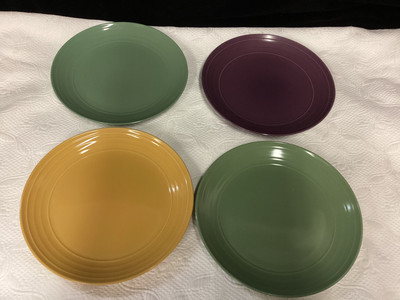Set Of 4 Pier 1 Essential Colours  10.75” Dinner Plates, Gold, Plum, Avocado-image