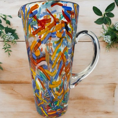 Confetti Glass Pitcher 10” Pier 1 Imports 5.5” Opening Heavy Duty Unique Design-image