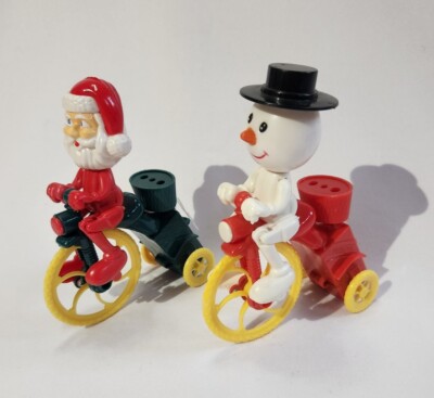 Vintage Wind-Up Bicyclist Santa Claus & Snowman Christmas Toy Decor-image