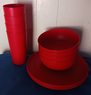12 pcs Mainstays Plastic Dinner Plates,Cereal Bowls & Tumblers Set, red-image