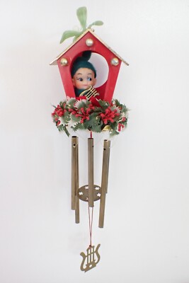 Vintage Christmas Elf Knee Hugger In Plastic Wind Chime W/ Holly-image