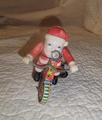 VTG Christmas Santa Claus On Tricycle Wind Up Tin Metal Toy Bike Korea-image