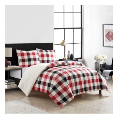 Mainstays FULL/QUEEN Reverse to Sherpa Flannel Comforter Set • Red/Black Plaid-image