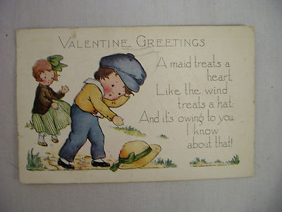VINTAGE VALENTINE'S POSTCARD BOY CHASING GIRLS HAT IN THE WIND 1923-image