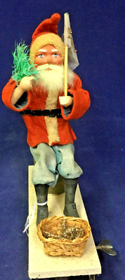 1930 Vintage Santa w/Tree on Moving Board w/Wind-up Mechanism & Christmas Flag-image