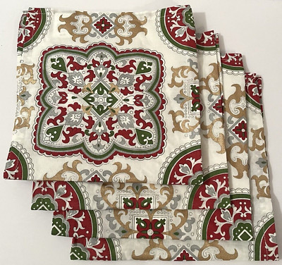 Pier 1 Christmas Holiday Napkin Set of 4 Gold Silver Red Green Paisley Medallion-image
