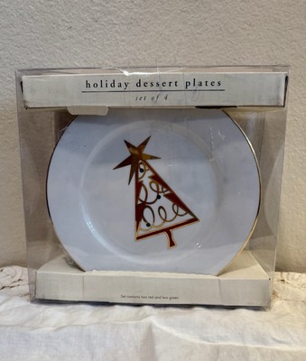 Set of 4 Pier 1 Imports Christmas Tree Appetizer Dessert Plates Red Green Gold-image