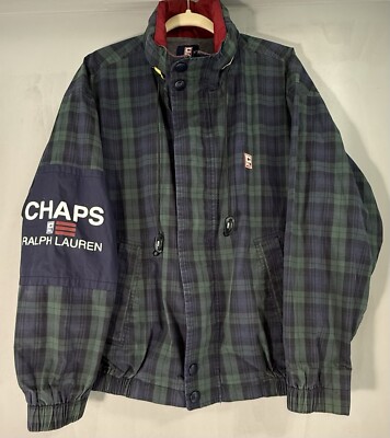 Vintage Chaps Ralph Lauren Lined Hooded  Jacket Coat Men Large Green Blue Plaid-image