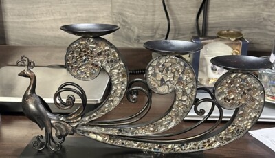 Pier 1 Import Metal Ornate Peacock 3 Candle Holder Glass Mirrored Tiles-image