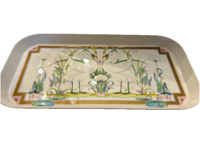 Vintage Italian Melamine Tray 2 Swans Floral& Foliage 11x6” Durable Decorative-image