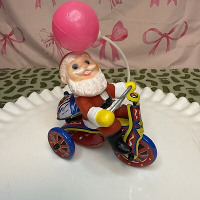 VTG Christmas Santa Claus On Tricycle Wind Up Tin Metal Toy Bike Korea **WORKS**-image