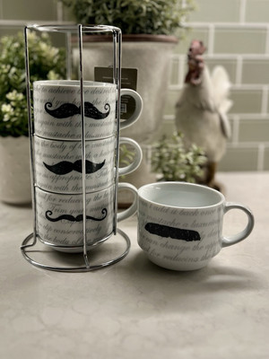 Pier 1 Imports Mustache Stackable (4) Coffee Mug Tea Cup Set w/Metal Rack Holder-image