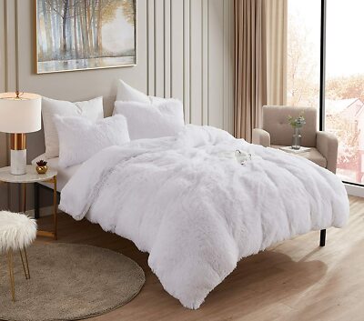 Solid White Plush Shag Faux Fur Fluffy 3pc Comforter Set Queen King Bedding Soft-image