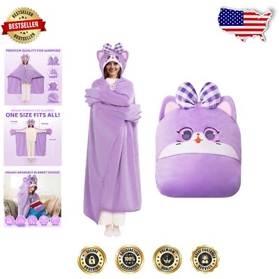 Oversized Purple Cat Hooded Blanket - Cozy Flannel Cloak Wrap for All Ages-image