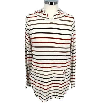 Market & Spruce Striped Hoodie Long Sleeve Cozy Top Ivory Red Brown Small NWT-image